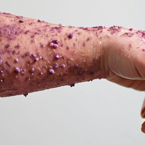 Home 6 **
A close-up shot of irritated skin (redness, small bumps, dryness) on a woman's arm after using natural soap. The soap itself is partially visible, with visible natural ingredients like lavender buds or dried herbs embedded within. Emphasis on the texture and discomfort.
**