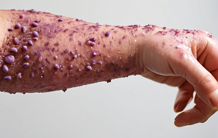 **
A close-up shot of irritated skin (redness, small bumps, dryness) on a woman's arm after using natural soap. The soap itself is partially visible, with visible natural ingredients like lavender buds or dried herbs embedded within. Emphasis on the texture and discomfort.
**